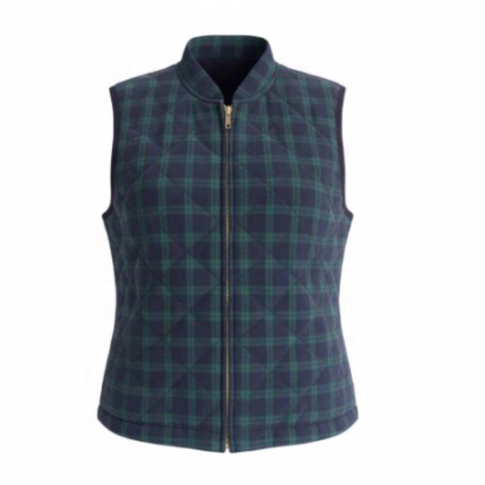 Talbots Petites Quilted Vest PS Blue Green Blackwatch Plaid Zip Pockets Like New